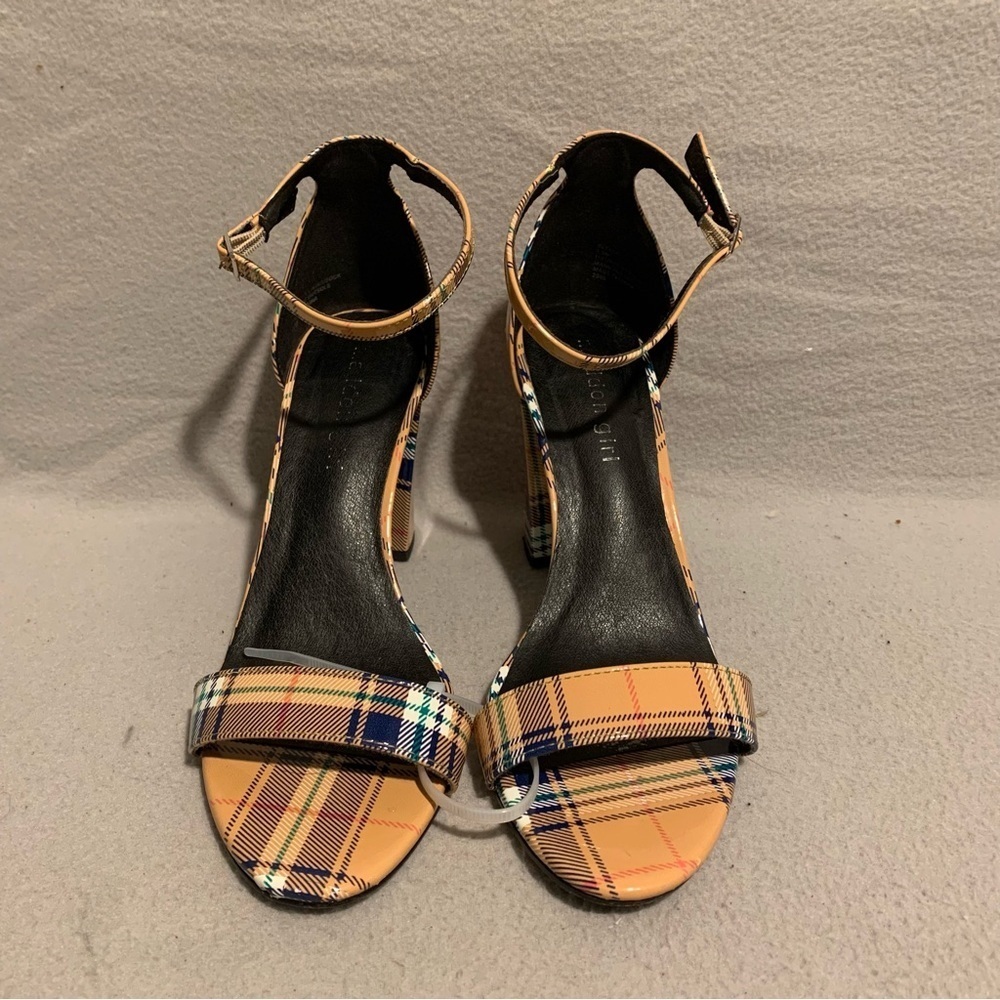 Madden Girl Sandals Women’s Size 7.5 M Yellow Plaid Beella Open Toe Block Heel - Picture 3 of 9
